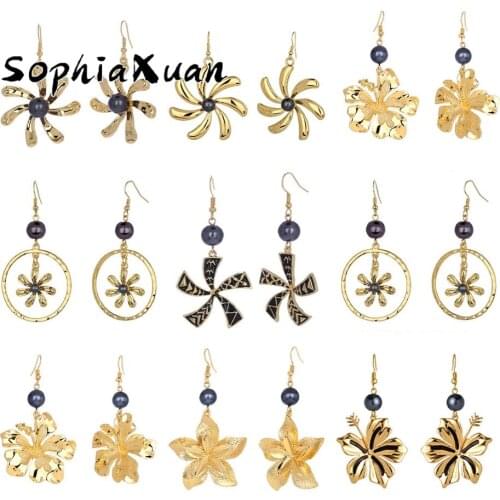 Hawaii Woman Plumeria Flower Drop Earrings Set Dangle Sunflower Turtle Leaf Earings Statement Pearl Party for Women Gold Color