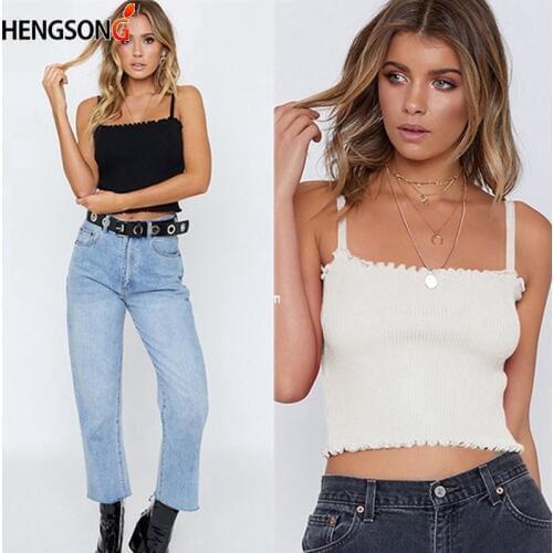 Women Ribbed Knit Crop Top Ruffle Trim Cami Stretchy White Spaghetti Strap Plain Vest Summer Slim Clothing Sexy Party Top