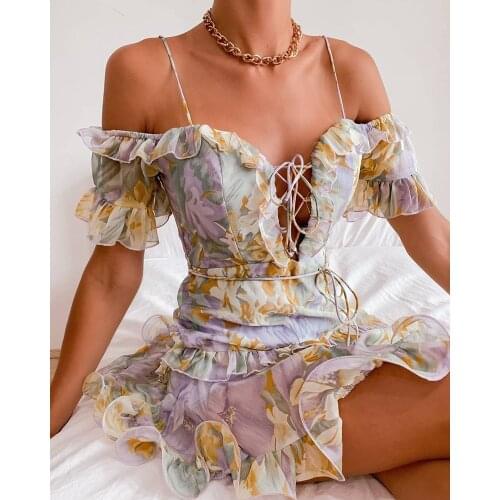 2021 Summer Women Dress Cold Shoulder Lace-up Ruffle Hem Floral Print Dress Sexy Mesh Spaghetti Strap Casual Mini Bodycon Party