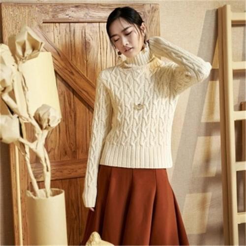 100% hand made pure wool turtleneck knit women streetwear solid loose short pullover sweater white 6color customized