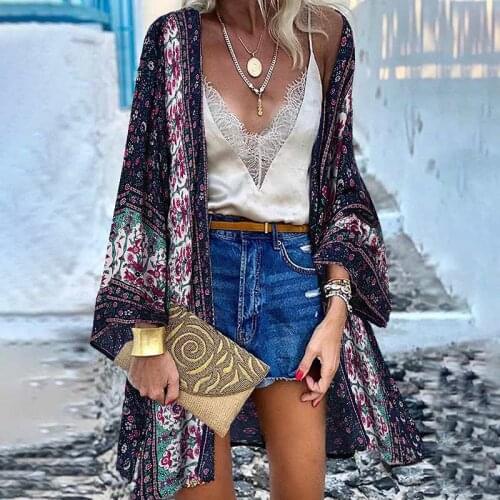 Bohemian Floral Printed Cardigan Women Summer Long Sleeve Blouse Kimono ZANZEA Casual Open Front Loose Beach Tops Vintage Blusas