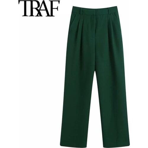 TRAF Women Fashion Side Pockets Front Darts Office Wear Pants Vintage Mid-Rise Waist Zipper Fly Female Trousers Mujer