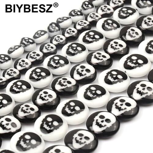 8/12/14mm Black and White Skull Pattern Flat Round Beads Lampwork Glass Beads Jewelry Bracelet Necklace Earrings Ring Making