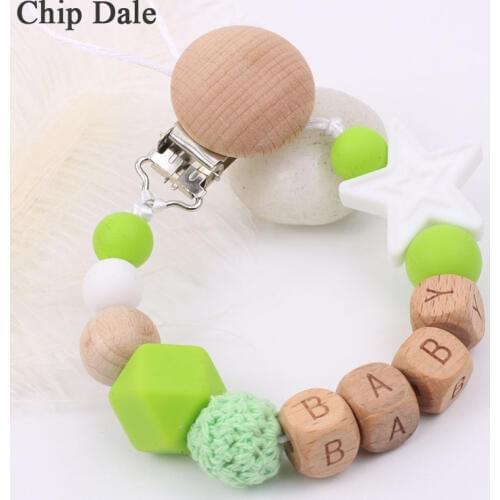 Chip Dale Custom Baby Name Pacifier Clip Chains Beech Wood Bead Star Silicone Beads Soother Chain Baby Teether Toy Nipple Holder