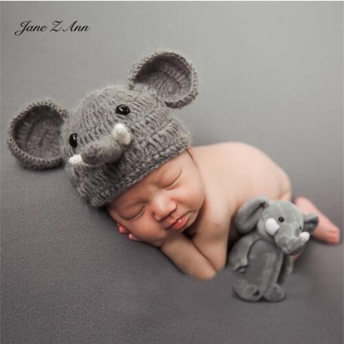 Jane Z Ann Newborn handmade hook grey mohair long nose elephant hat doll photo photography props combination