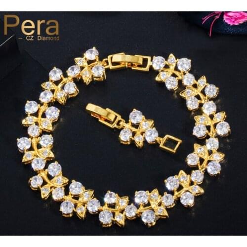 Pera Classic Bridal Jewelry Yellow Gold Leaf Shape Cubic Zirconia Bracelets Clear CZ Bangle for Women Party Gift B174