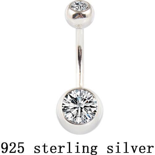 Real 925 sterling silver belly button ring clear double zircon body jewelry ball navel bar piercing jewelry free shipping