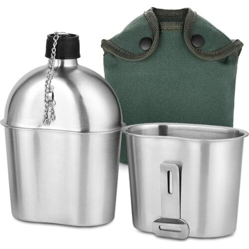 2pcs 1000ml 600ml Stainless Steel Military Canteen Cup Set with Cover Bag for Outdoor Camping Hiking Backpacking
