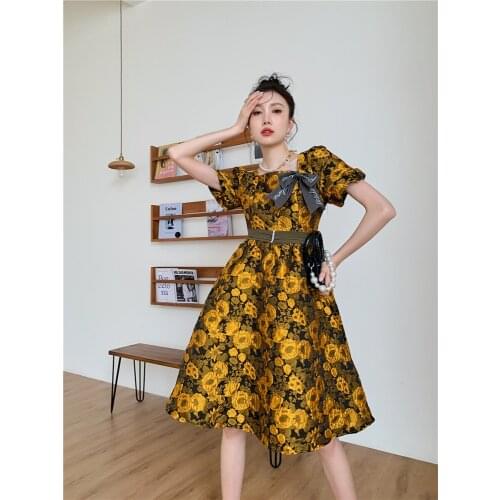 High Quality Vintage Puff Sleeve Gold Floral Autumn Summer 2021 Dress Tunic Square Neck Ball Gown Short Sleeve Elegant Dress