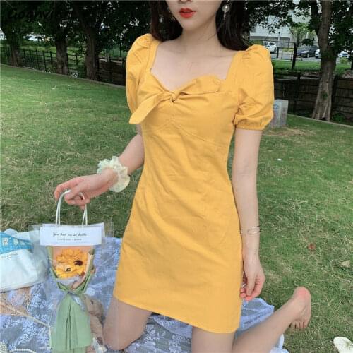 Short Sleeve Dress Women Female Vestidos Harujuku Mini Bow Fashion Retro Summer Solid Sweet Plus Size 3XL Loose Korean Style