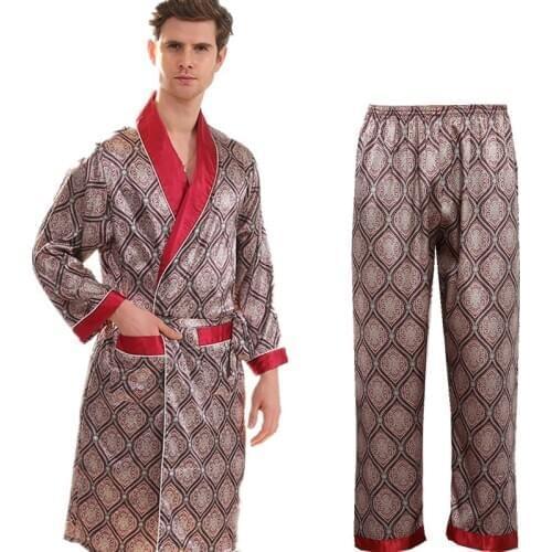 Robe Pants Pajama Set 7XL Two-Piece Men Bathrobe Shorts Suit Silk Sleepwear for Men Kimono Home Soft Cozy Long-sleeved Bath Gown