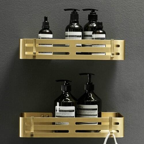 Bath Shelf Wall Hanging Bathroom Hardware Brushed Gold Square Basket Toilet Double Corner Shampoo Storage Rack Space Aluminum