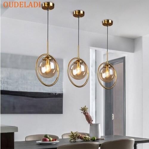 Nordic restaurant single head metal ring pendant lights modern living room bedroom bedside glass ball hanging lamp