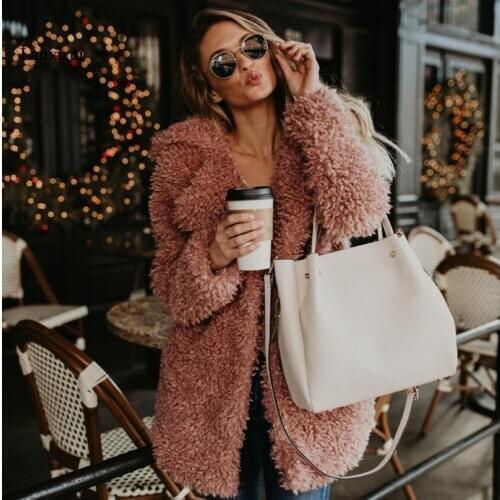 Fluffy Pink Teddy Faux Fur Coat Jacket Women Streetwear Fashion Winter Thick Warm Furry Overcoat Shaggy Outerwear