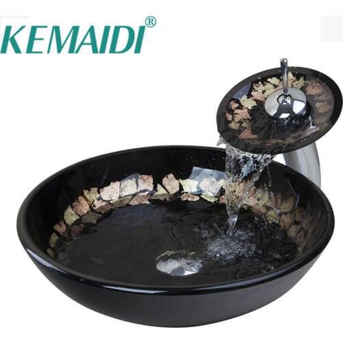 KEMAIDI Bathroom Sink Mixers Washbasin Tempered Glass Hand-Painted Waterfall Lavatory Bath Combine Brass Set Faucet & Taps