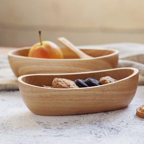 Japan Style Wooden Desserts Bowl Rubber Wood Oval Boat Shape Salad Bowl Eco Natural Fruits Bowl Creative Tableware