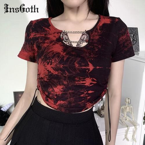 InsGoth Hollow Out T-shirts Women Harajuku Gothic Red And Black Tie Dye Chain Short Sleeve Drawstring Tshirts Female Casual Tops