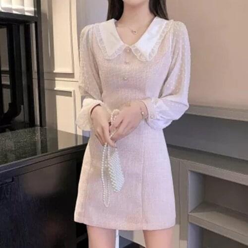 Runway Design Luxury Woolen Dress Women New Autumn Small Fragrant Patchwork Chiffon Long Sleeves Tweed Dress