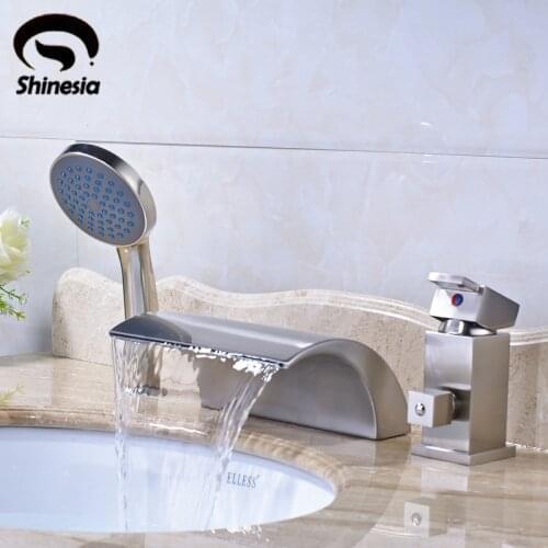 Nickel Brushed Solid Brass Waterfall Spout 3pcs Bathtub Faucet Set Mixer With Handheld Shower