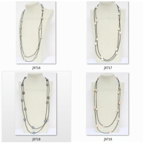 54" 13mm rice Baroque white black gray pink purple beads Strand pearls Black leather necklace j9719