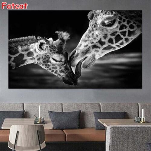 5d diy diamond painting Modern black and white animal art, giraffe parent-child diamond painting cross stitch embroidery PP2223