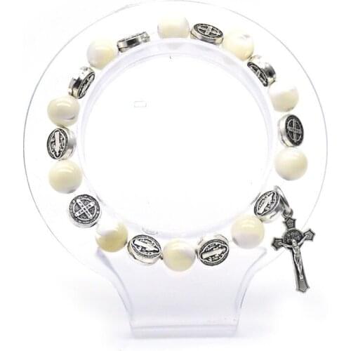 Religious Saint Benedict Exorcism Beads Crucifix Cross White Shell Beads Rosaries Bracelet for Women Prayer Confirmation Jewelry