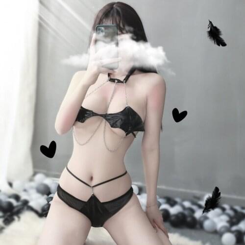 Sensual Lingerie Woman Womens Underwear Sexy Lingerie Devil Three-point Patent Leather Two-piece Exotic Costumes Lingerie Set