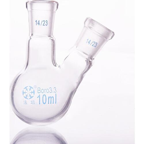 Two-necked flask oblique shape,with two necks standard grinding mouth,Capacity 10ml,Middle joint 14/23 and lateral joint 14/23