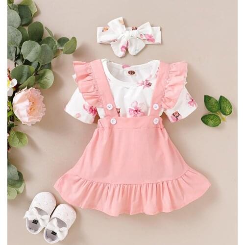 3Pcs Toddler newborn baby girl clothes Set Summer Cute Short Sleeve Romper +Pink Suspender Ruffle Button Skirts Outfits Dress