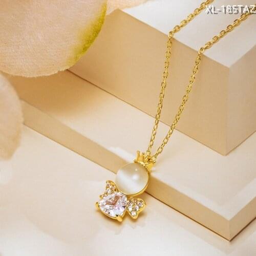 Micro Inlaid Zircon Opal Pendant Necklace Fashion Cute Little Angel Moonstone Clavicle Chain For Women Party Jewelry Gifts