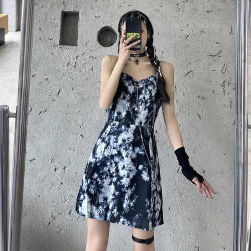 Fashion babes tie dyed sling dress women summer retro waist show thin temperament bottom bag hip skirt