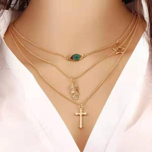 Fashion European and American Eyes Leaf Temperament Necklace Simple Multi-Layer Metal Clothes Accessories Cross Clavicle Chain