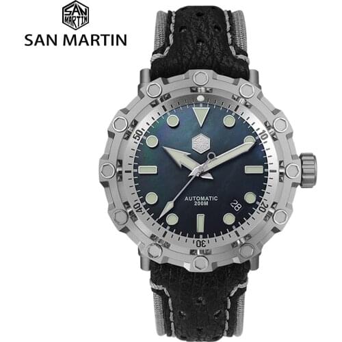 San Martin Men Watch Dive MOP Dial Titanium Original Design Limited Edition Mechanical Watches Sapphire 200M Shark Leather Strap