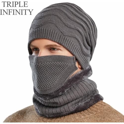 TRIPLE INFINITY Men Scarf Hats Winter Beanies Cold Resistant Windproof Soft Woolen Knitted Hat Warm Suit Double Layers Male Cap