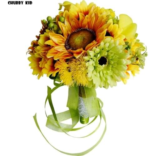 New Artificial yellow sunflower wedding bridal bouquet Brides hand holding flowers wedding Groom boutonniere bride wrist flower