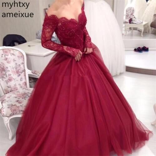 New Sexy Elegant Ball Gown Lace Burgundy Evening Prom Dresses Dress Elegant 2020 Long Sleeve Off Shoulder V-neck Tulle Beading