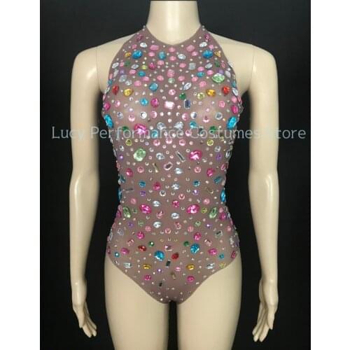 New colorful Rhinestone glittering costume birthday party djds dance fashion show sexy one-piece dress