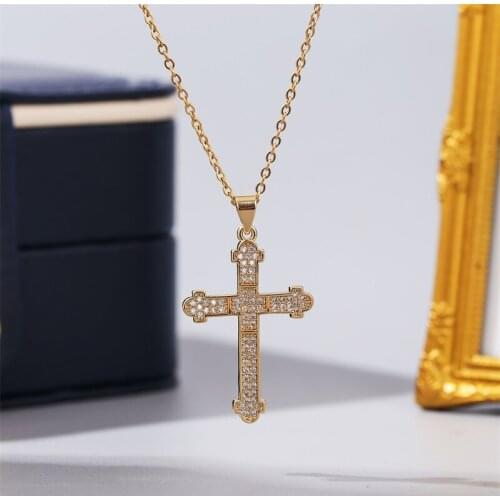 Fashion Gold Color Stainless Steel Chain Cross Necklaces For Women Trendy Copper Metal Cubic Zirconia Zircon Necklace Jewelry