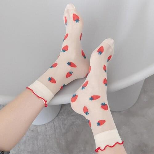 Transparent Strawberry Socks for Women Summer 2022 Lolita Girls Kawaii Socks Japanese Fashion Women Funny Frilly Socks