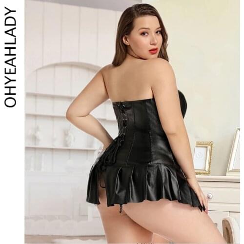 Ohyeahlady Plus Size Push Up Women Faux Leather Corset Hot Sale Mini Dress Gothic Punk Strapless Steampunk Corsets AJ3438