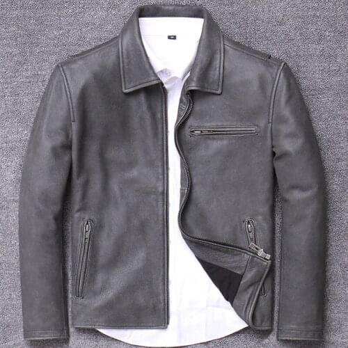 Thickening head layer cowhide self-cultivation genuine lapel do used leather clothing male locomotive goatskin