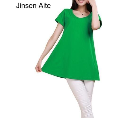 Jinsen Aite Plus Size L-4XL Summer T-shirt Women Tops 100% Cotton Solid Casual Tees Girl O-Neck Loose Fashion Tops Female JS258