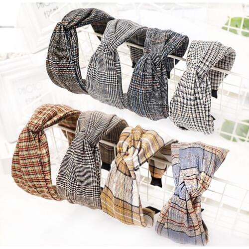 Free shipping vintage plaid cross knot women hairbands wide girls headbands ladys headwear hair accessories