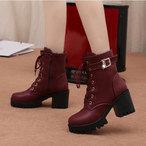 Hot Sale Women Boots Lace Up Flat Biker Combat Wine Red Boots Shoes Buckle Woman Botas Women Boots 2019 New