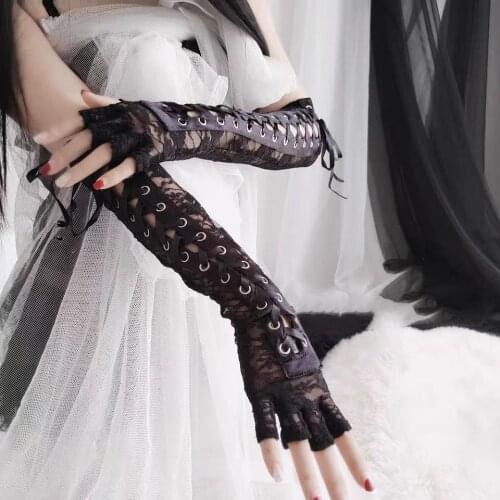 Women Sexy Floral Lace Elbow Length Half-Finger Gloves Black String Ribbon Ties Up Dance Party Fingerless Fishnet Mesh Mittens