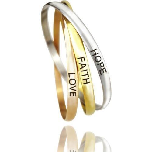 Engraved FAITH HOPE LOVE 3 Color Bangle Suit Stainless Steel Women 4mm Open Bracelets Jewelry 2019 Dropshipping