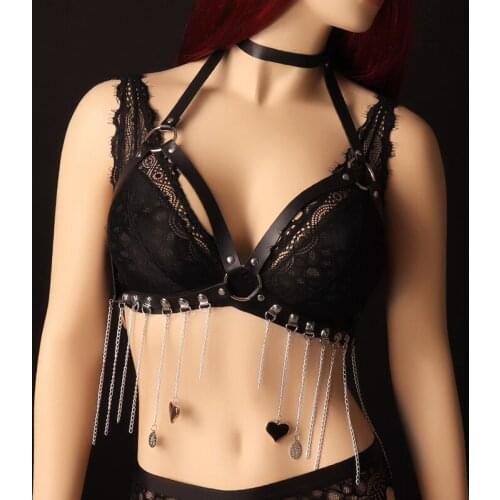 Women Leather Harness Bra Lingerie Womens Suspenders Punk Body Tassel Chain Hollow Out Strappy Bralette Harajuku Clothing
