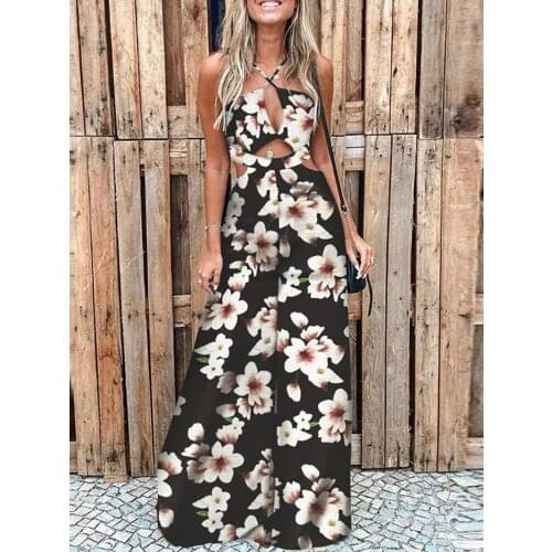 Summer Women Sexy Hollow Out Party Jumpsuit Charm Printing V-Neck Wide-leg Pants Rompers Elegant Retro Beach Casual Streetwear