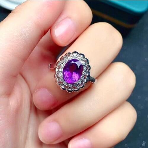100% Natural Amethyst Silver Ring 7mm*9mm 2ct Amethyst Ring for Party Solid 925 Silver Amethyst Jewelry Gift for Woman