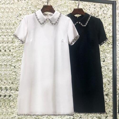 Designer Fashion Beading Doll Collar Waist Black White Dress Female Summer Designer Short Sleeve A-Line Dresses Party Clothes